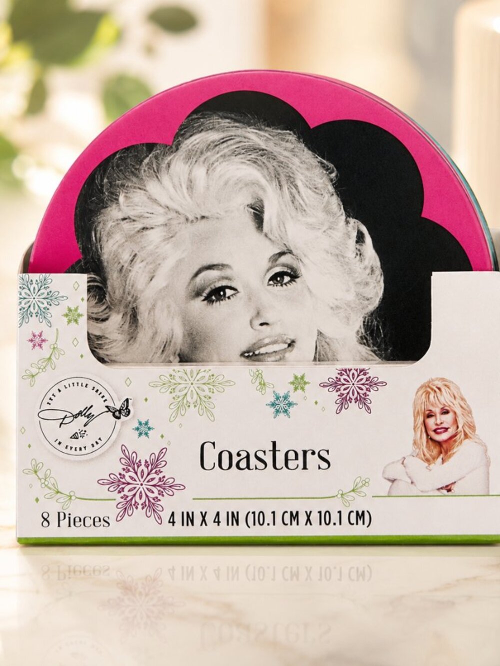 Dolly Parton 4" Round Coasters - 8 Count With Holographic Edges